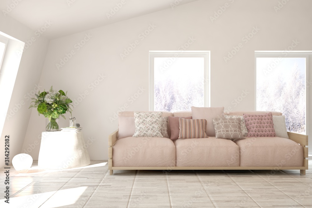 Stylish room in white color with sofa and winter landscape in window. Scandinavian interior design. 3D illustration Stylish room in white color with sofa and winter landscape in window. Scandinavian interior design. 3D illustration
