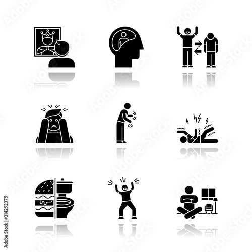 Mental disorder drop shadow black glyph icons set. Delusion. Bipolar disorder. Panic attack. Parkinson disease. Epilepsy. Bulimia. Hysteria. Alice in wonderland syndrome. Isolated vector illustrations