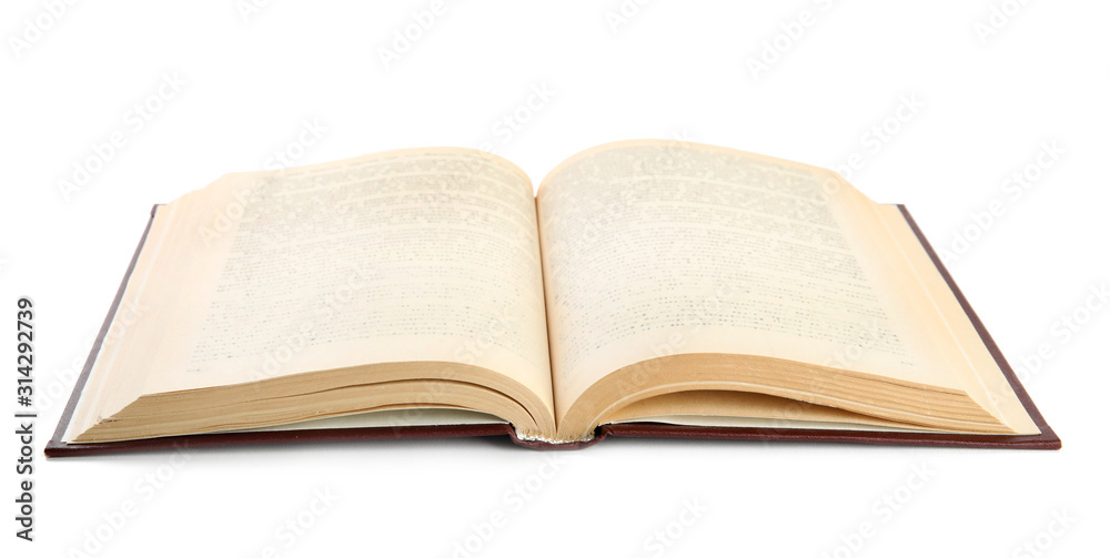 Open old hardcover book isolated on white Open old hardcover book isolated on white