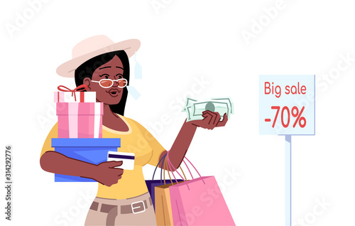 Addiction to shopping flat color vector illustration. Oniomania. Young stylish african american girl with shopping bags seeks discounts isolated cartoon character on white background