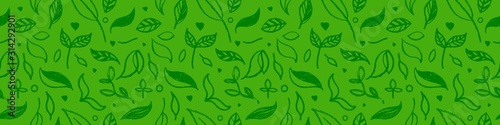 Organic seamless pattern and vegetarian background with leaves. Modern ornament. Green packaging design template with raw textures. Label tag design, vegan food, natural eco cosmetics, bio concept.