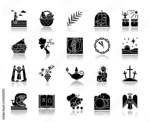 Bible narratives drop shadow black glyph icons set. Life of Jesus Christ. Gospel miracles and parables. Legends of Holy Scriptures. Old and New Testaments learning. Isolated vector illustrations