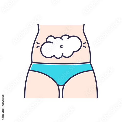 Bloating color icon. Predmenstrual abdominal pain. Digestive tract problem. Stomach ache and discomfort. Flatulence and gas. Menstruation symptom. Healthcare. Isolated vector illustration