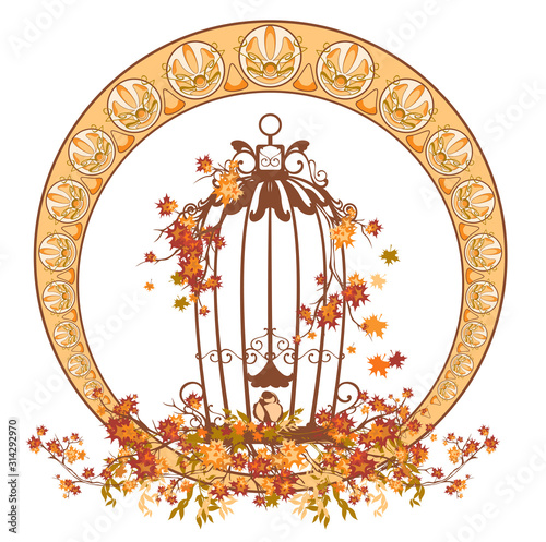art nouveau style autumn season decorative vector frame with cage among maple tree branches and sitting bird