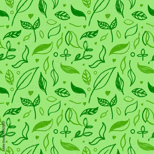 Organic seamless pattern and vegetarian background with leaves. Modern ornament. Green packaging design template with raw textures. Label tag design, vegan food, natural eco cosmetics, bio concept.