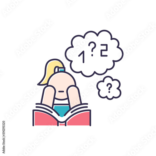 Poor concentration color icon. Math problem solving. Algebra studying. Wandering focus. Boring read. Attention deficit. Low motivation. Girl with ADHD. Isolated vector illustration