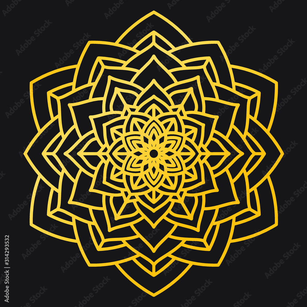 Abstract Petals Leaf Mandala Gold Line On Black Background. Vector Illustration Abstract Petals Leaf Mandala Gold Line On Black Background. Vector Illustration