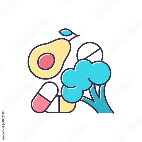 Vitamin intake color icon. Avocado and broccoli. Pills and medication. Diet supplement. Organic and natural food. Multivitamin complex. Nutrition and healthcare. Isolated vector illustration