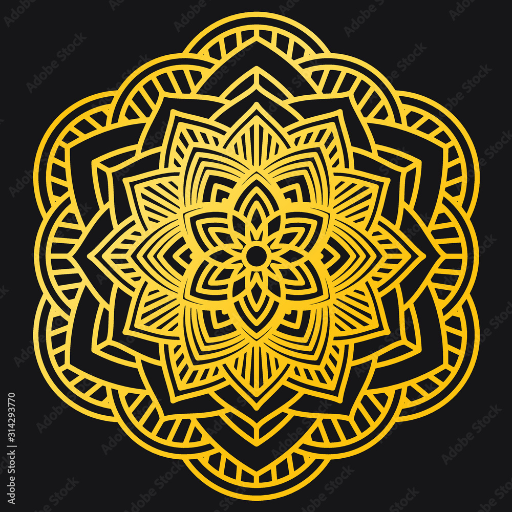 Abstract Petals Leaf Mandala Gold Line On Black Background. Vector Illustration