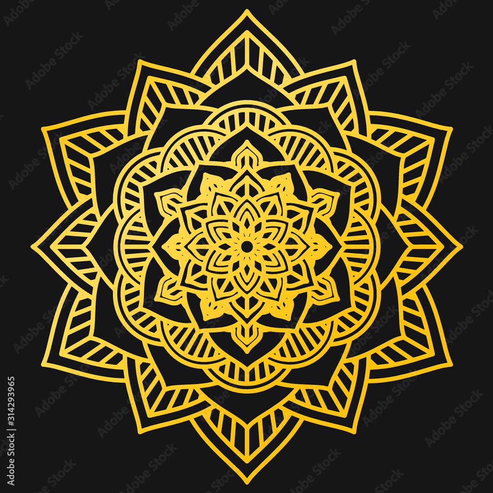 Abstract Petals Leaf Mandala Gold Line On Black Background. Vector Illustration Abstract Petals Leaf Mandala Gold Line On Black Background. Vector Illustration