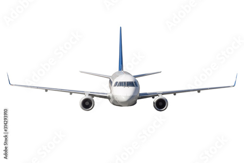 Airplane isolated, front view on white background.