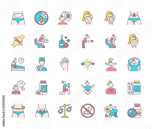 Predmenstrual syndrome color icons set. Menstrual cycle. Period abdominal pain. Food craving. Birth control. Aromatherapy. Emotional outburst. Hormone imbalance. Isolated vector illustrations
