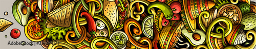 Mexican food hand drawn doodle banner. Cartoon detailed flyer.