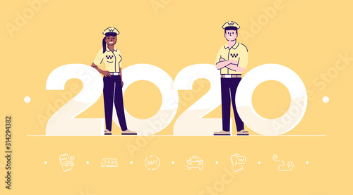 Professions 2020 flat banner vector template. Taxi drivers isolated cartoon characters on yellow. Cabman in uniform. Car service. Banner  brochure page  leaflet design layout with place for text