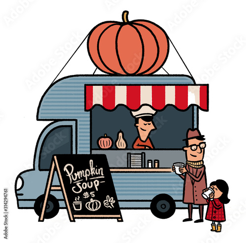 drinking pumpkin soup at the pumpkin truck (ID: 314294761)