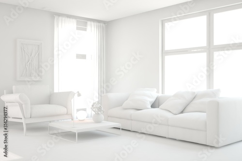 Mock up of stylish room in white color with sofa. Scandinavian interior design. 3D illustration