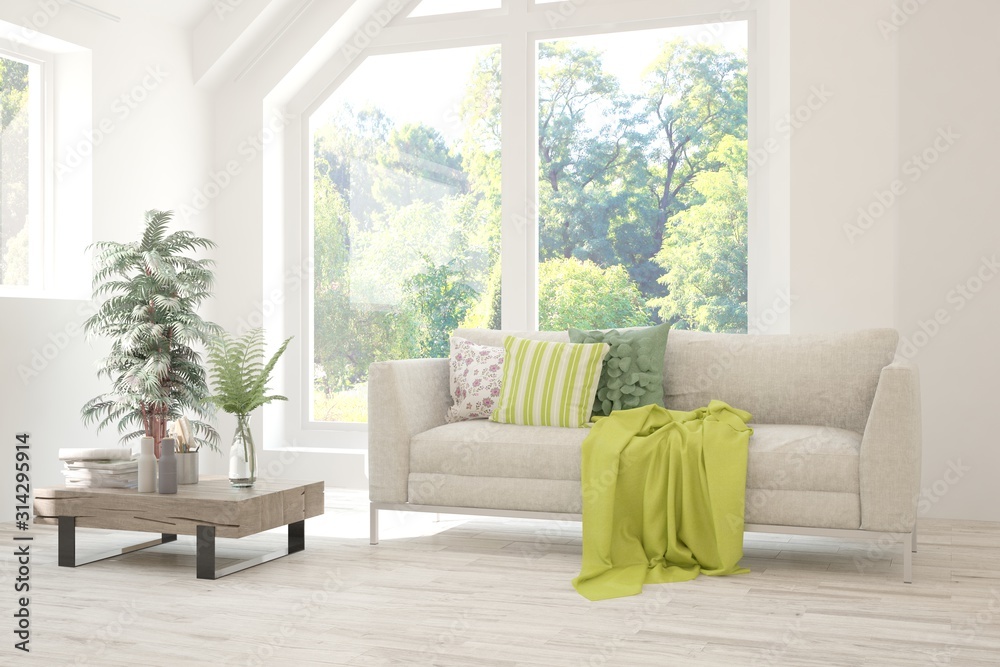 Stylish room in white color with sofa and summer landscape in window. Scandinavian interior design. 3D illustration Stylish room in white color with sofa and summer landscape in window. Scandinavian interior design. 3D illustration