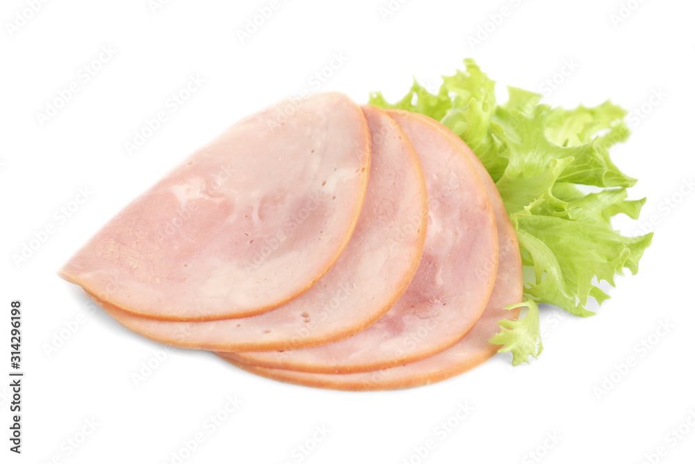 Slices of tasty fresh ham and lettuce isolated on white Slices of tasty fresh ham and lettuce isolated on white