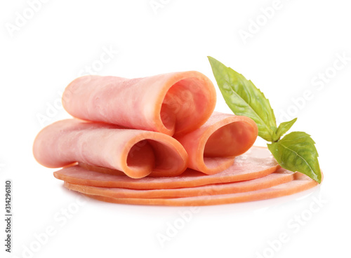 Slices of tasty fresh ham with basil isolated on white