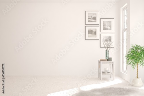 Empty room in white color. Scandinavian interior design. 3D illustration