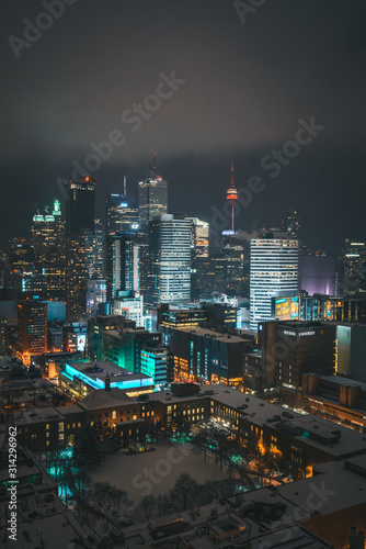Photography Urban Toronto City Skyline at Night with Illuminated Skyscrapers