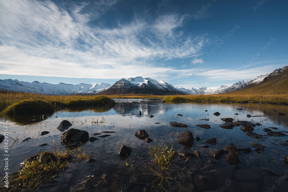 Iceland Mountainous Landscape with Reflection of Mountain on a Cloudy Summer Day