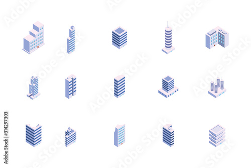 Isolated isometric white city buildings set vector design