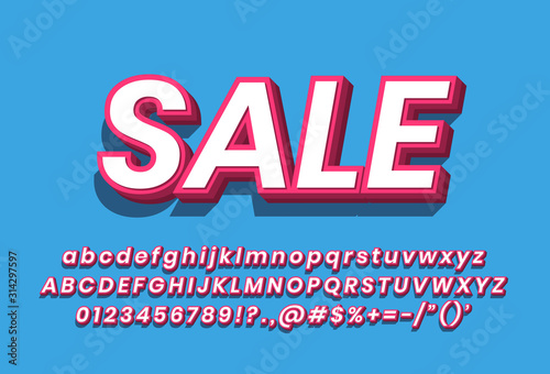 Sale word and alphabet with 3d extrude on blue background, retro sign with pop typography style, fancy 3d font and vintage typeface.