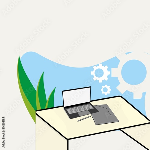 Icon of study interior including chair, desk with laptop