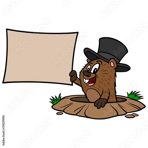 Groundhog with a Sign - A cartoon illustration of a cute Groundhog with a Sign.