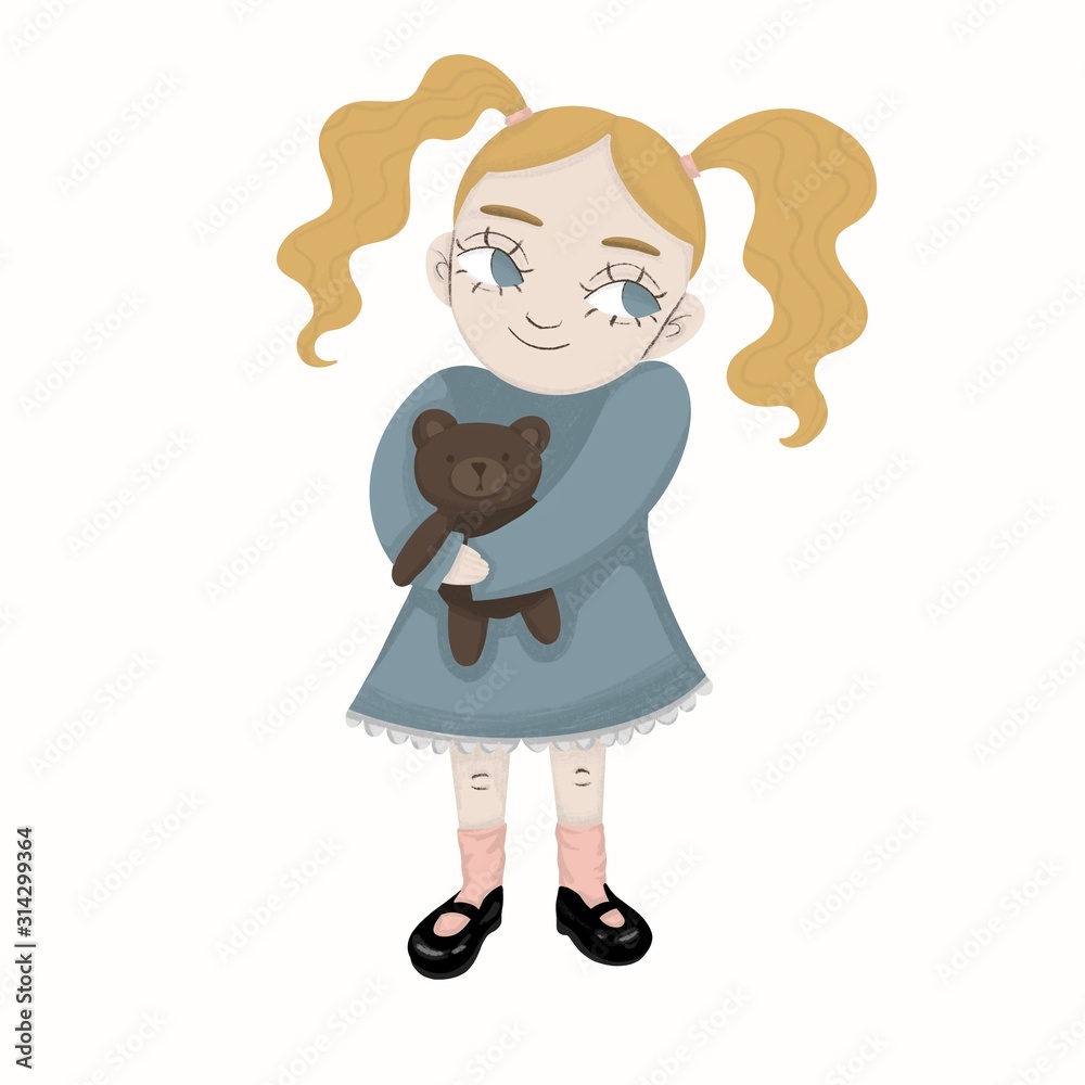 Little girl wearing blue dress holding teddybear. Kids illustration.  cute kid and her favourite toy. card or poster design