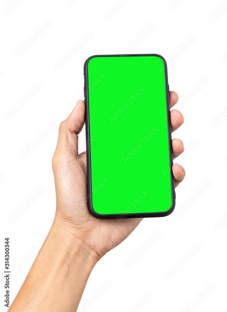 Hand man holding mobile smartphone with blank screen isolated on white background with clipping path Hand man holding mobile smartphone with blank screen isolated on white background with clipping path