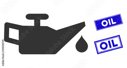 Flat vector engine oil pictogram and rectangle Oil seal stamps. A simple illustration iconic design of Engine Oil on a white background. Blue Oil seal stamps with rubber textures.