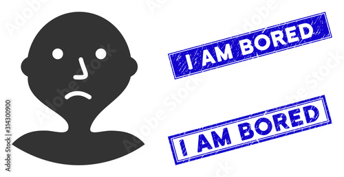 Flat vector I am bored icon and rectangular I Am Bored stamps. A simple illustration iconic design of I Am Bored on a white background. Blue I Am Bored rubber stamps with grunge texture.