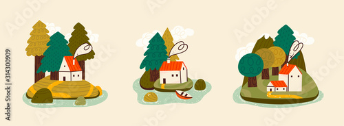 Small tiny houses in the woods on the island. River, stones. Summer, autumn mood. Flat design. Scandinavian style. Hand drawn trendy vector illustrations. Cartoon style. Three isolated illustrations