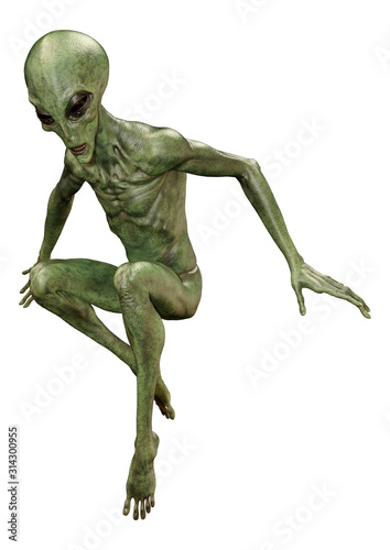 3D Rendering Green Alien on White