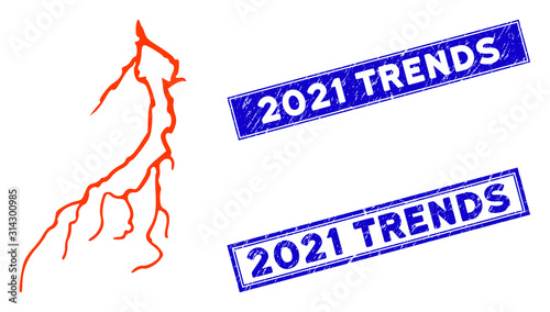 Flat vector lightning pictogram and rectangle 2021 Trends rubber prints. A simple illustration iconic design of Lightning on a white background. Blue 2021 Trends rubber stamps with corroded surface.