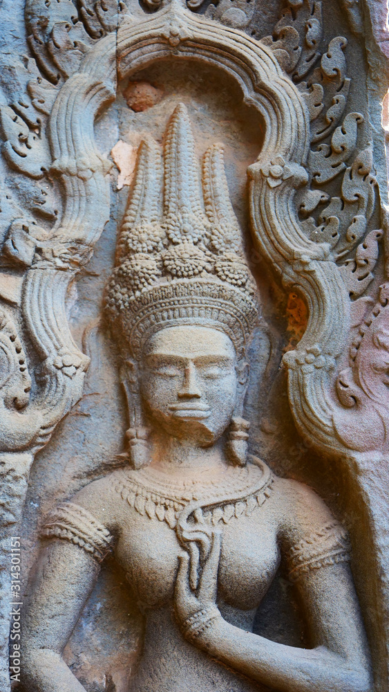 Stone rock carving art at Ta Prohm Temple in Angkor wat complex, Siem Reap Cambodia.