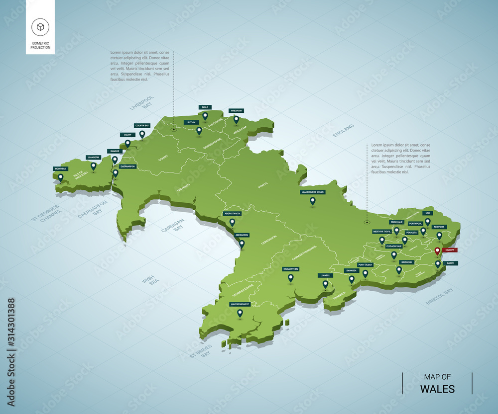 Stylized map of Wales. Isometric 3D green map with cities, borders, capital Cardiff, regions. Vector illustration. Editable layers clearly labeled. English language.