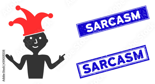 Flat vector sarcasm icon and rectangle Sarcasm seal stamps. A simple illustration iconic design of Sarcasm on a white background. Blue Sarcasm rubber stamps with rubber surface.