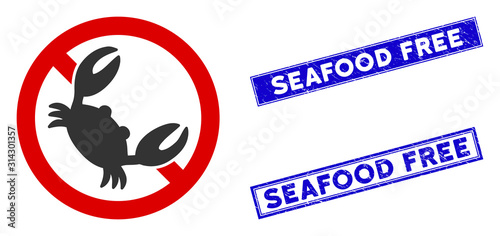 Flat vector seafood free pictogram and rectangle Seafood Free seal stamps. A simple illustration iconic design of Seafood Free on a white background.