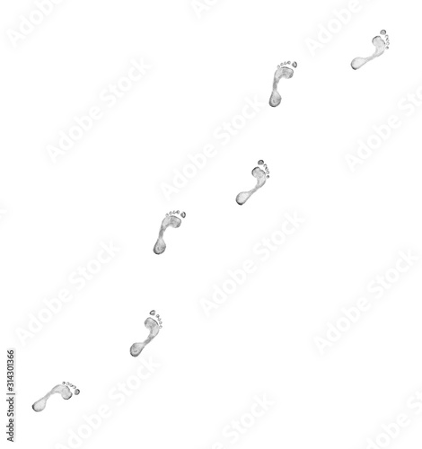 Human footprints bare foots on white background