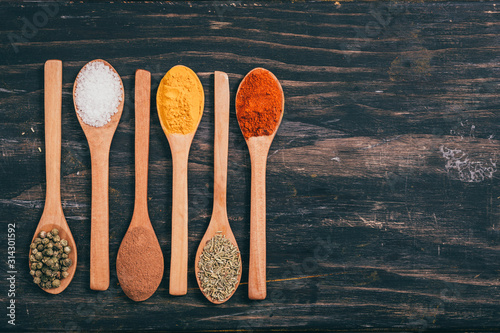 flat lay of spices in wooden spoons