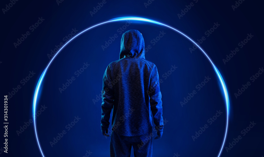 Back view of hacker in hoodie. Dangerous hooded hacker. Internet, cyber ...