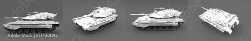 Military 3D Illustration of highly detailed light grey army tank with fictive design, victory day concept isolated on grey background © Dancing Man