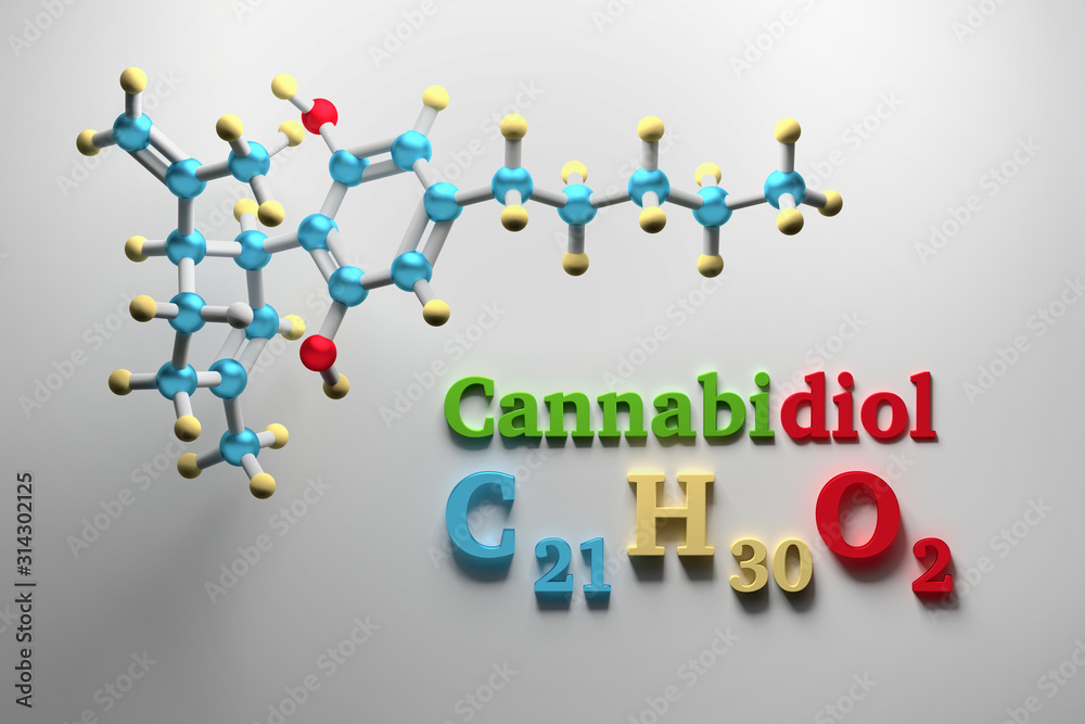 Detailed chemical structure of cannabidiol shown in colors