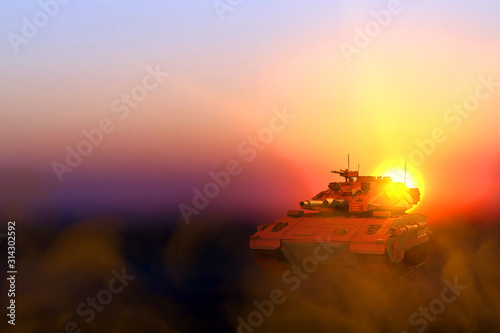 camo for desert tank with not real design on sunset, highly detailed patriotism concept - military 3D Illustration