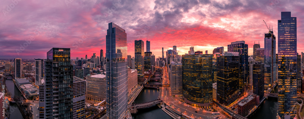 Chicago aerial view, river from a drone panorama - obrazy, fototapety, plakaty 