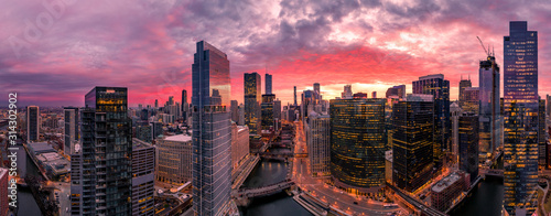 Chicago aerial view, river from a drone panorama
