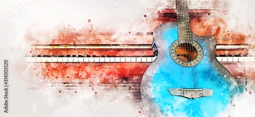 Obraz Abstract colorful guitar and piano keyboard on watercolor illustration painting background.